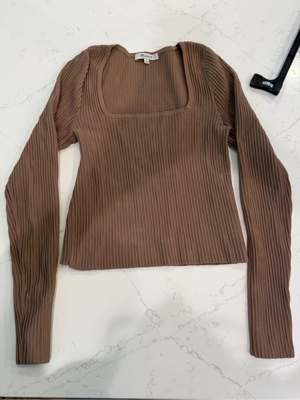 Madewell Brown Ribbed Square-Neck Long Sleeve Top